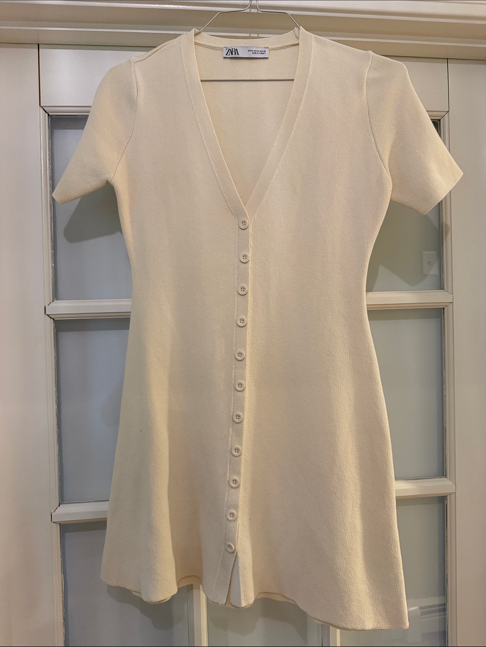 Zara Cream Button-Down V-Neck Mini Dress